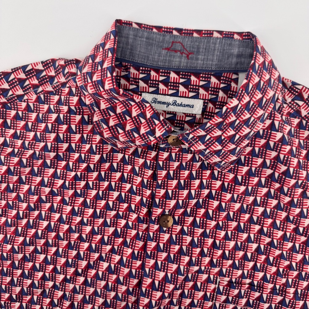 Tommy Bahama‎ Shirt Mens Medium Red White Blue 100% Silk Geometric Abstract SS